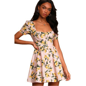 Moodie Mini Dress Pink Yellow Lemon Print Skater Dress Fit & Flare Coquette L
